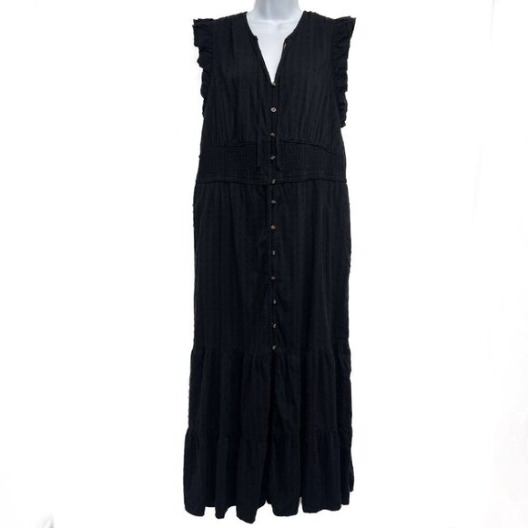 Sonoma Smocked Swiss Dot Ruffle Button Front Maxi Dress Black 1X Plus Size - Picture 2 of 9